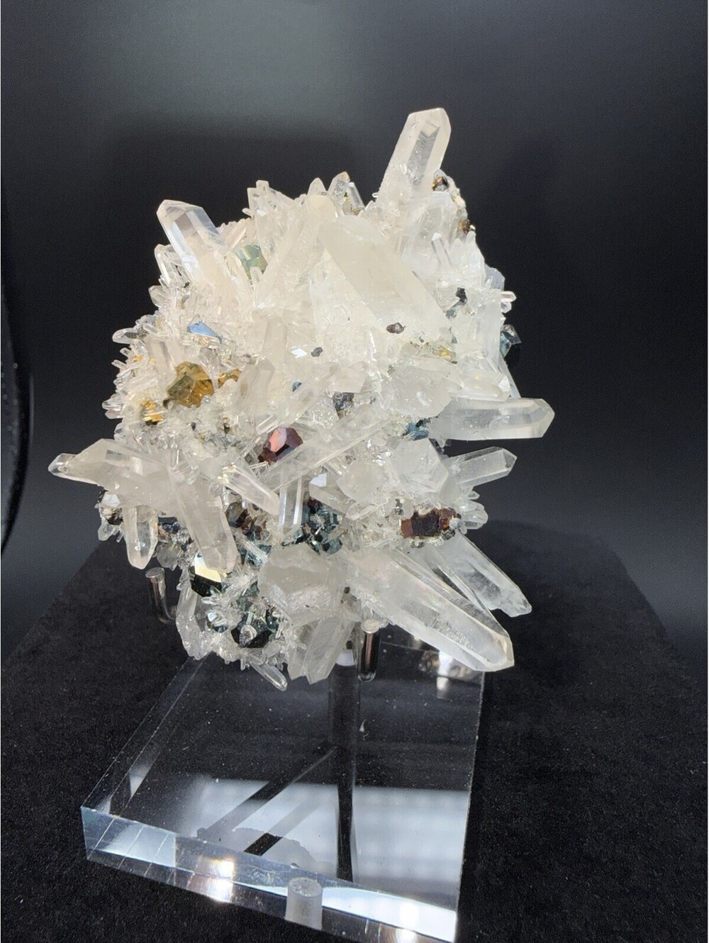 Naturally Iridescent Pyrite On Quartz, Indonesia, Rainbow Mineral Specimen